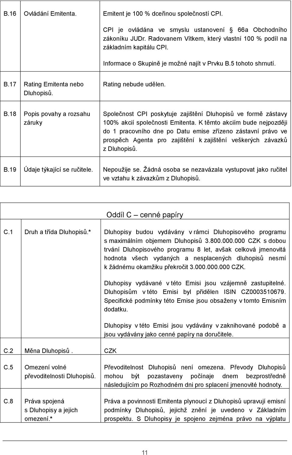 5 tohoto shrnutí. B.17 Rating Emitenta nebo Dluhopisů. Rating nebude udělen. B.18 Popis povahy a rozsahu záruky Společnost CPI poskytuje zajištění Dluhopisů ve formě zástavy 100% akcií společnosti Emitenta.