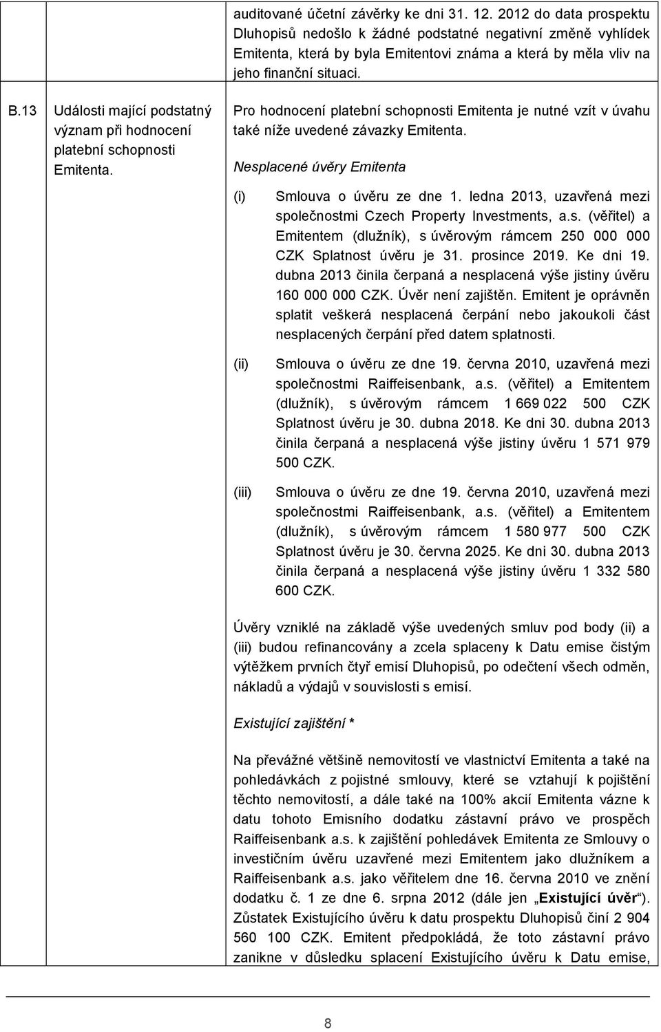 13 Události mající podstatný význam při hodnocení platební schopnosti Emitenta. Pro hodnocení platební schopnosti Emitenta je nutné vzít v úvahu také níže uvedené závazky Emitenta.