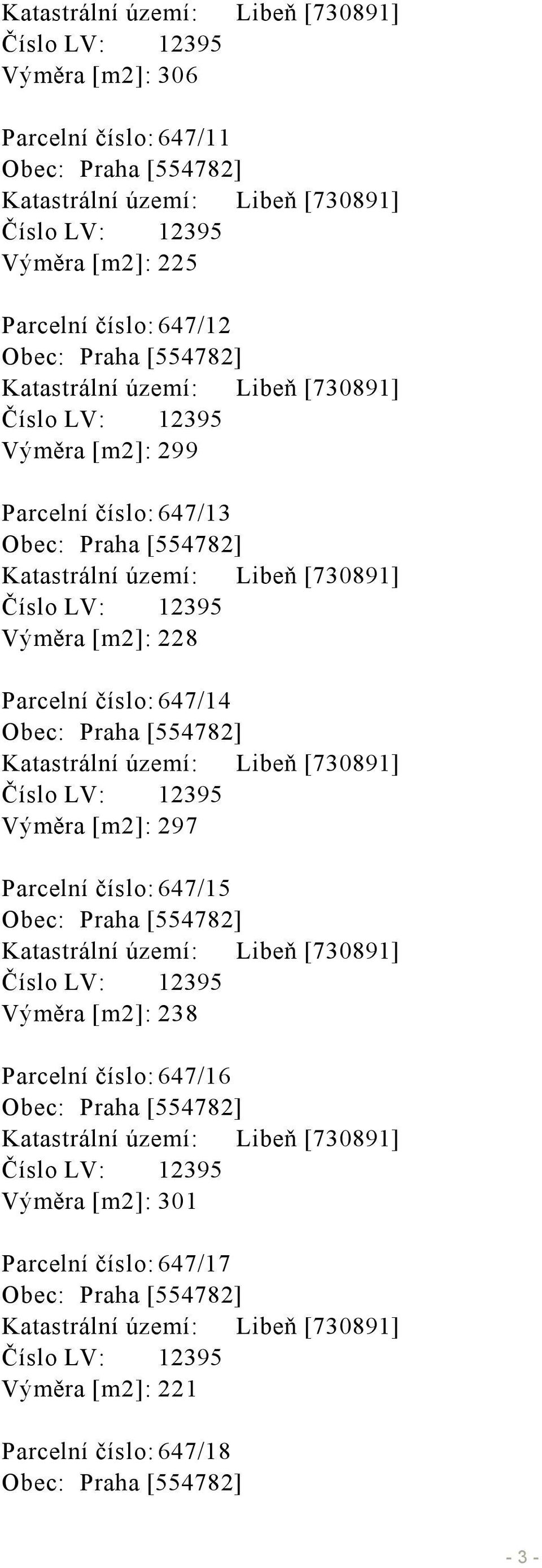 Výměra [m2]: 297 Parcelní číslo: 647/15 Výměra [m2]: 238 Parcelní číslo: 647/16