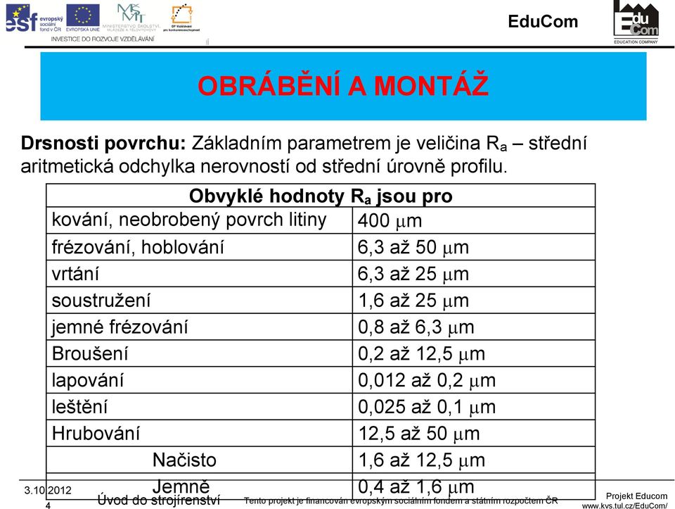 Obvyklé hodnoty R a jsou pro kování, neobrobený povrch litiny 400 m frézování, hoblování 6,3 až 50 m vrtání