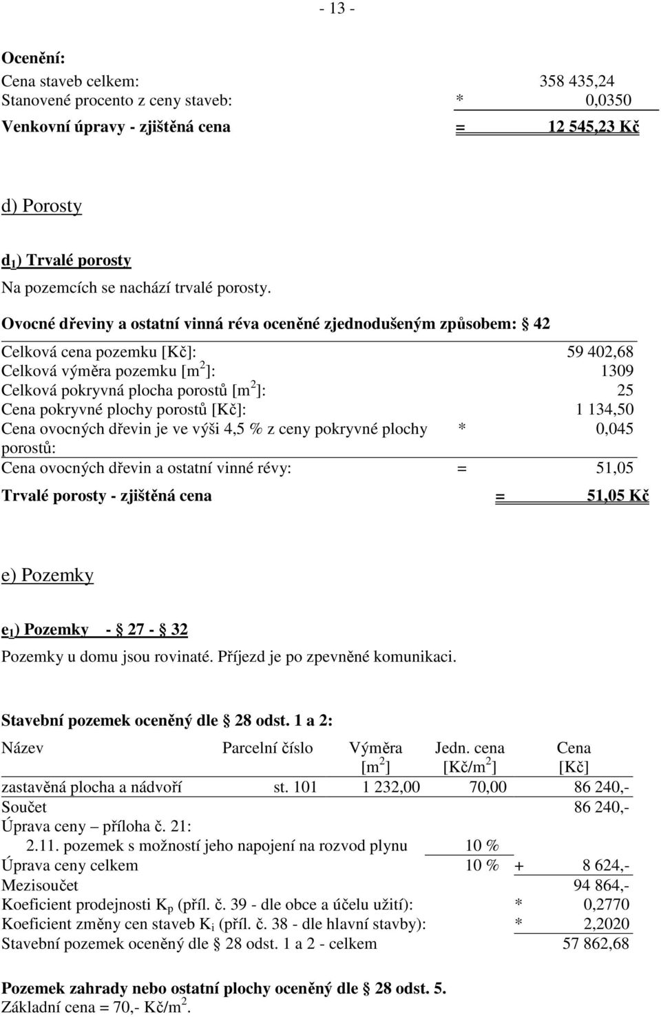 Ovocné dřeviny a ostatní vinná réva oceněné zjednodušeným způsobem: 42 Celková cena pozemku [Kč]: 59 402,68 Celková výměra pozemku [m 2 ]: 1309 Celková pokryvná plocha porostů [m 2 ]: 25 Cena