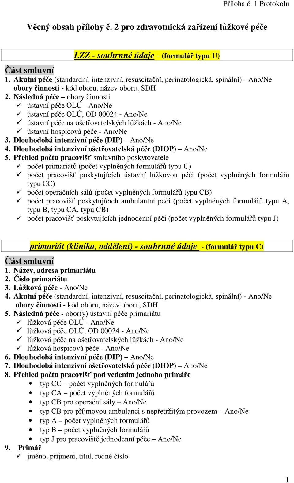 Následná péče obory činnosti ústavní péče OLÚ - Ano/Ne ústavní péče OLÚ, OD 00024 - Ano/Ne ústavní péče na ošetřovatelských lůžkách - Ano/Ne ústavní hospicová péče - Ano/Ne 3.