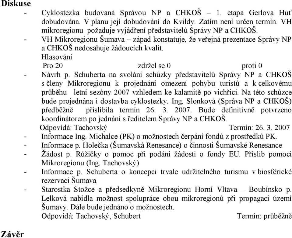 Schuberta na svolání schůzky představitelů Správy NP a CHKOŠ s členy Mikroregionu k projednání omezení pohybu turistů a k celkovému průběhu letní sezóny 2007 vzhledem ke kalamitě po vichřici.