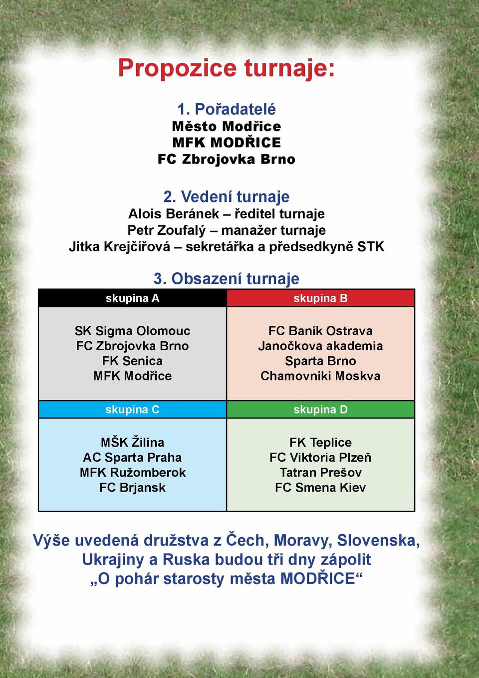 Obsazení turnaje skupina B SK Sigma Olomouc FC Zbrojovka Brno FK Senica MFK Modřice FC Baník Ostrava Janočkova akademia Sparta Brno Chamovniki Moskva