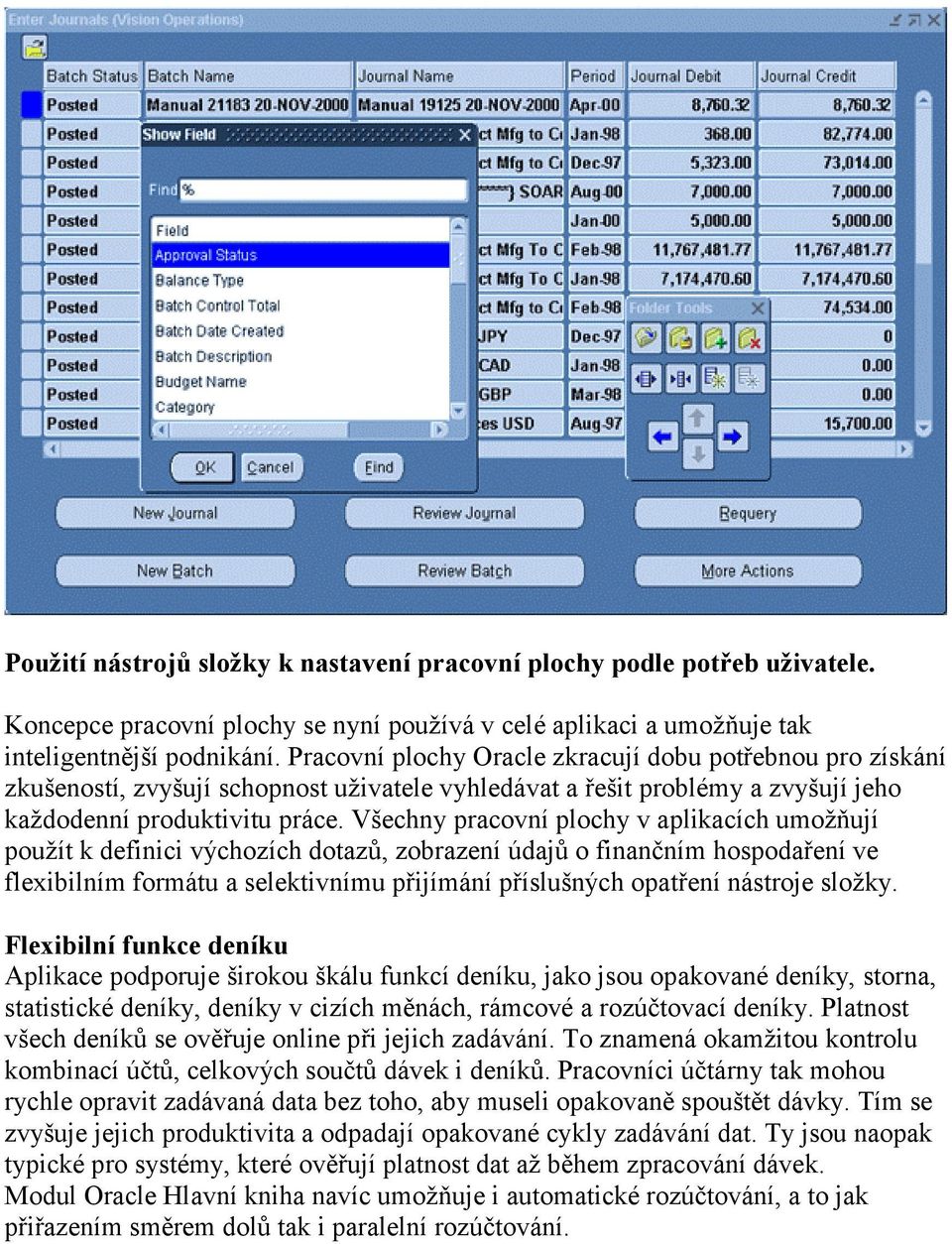 Všechny pracovní plochy v aplikacích umožňují použít k definici výchozích dotazů, zobrazení údajů o finančním hospodaření ve flexibilním formátu a selektivnímu přijímání příslušných opatření nástroje
