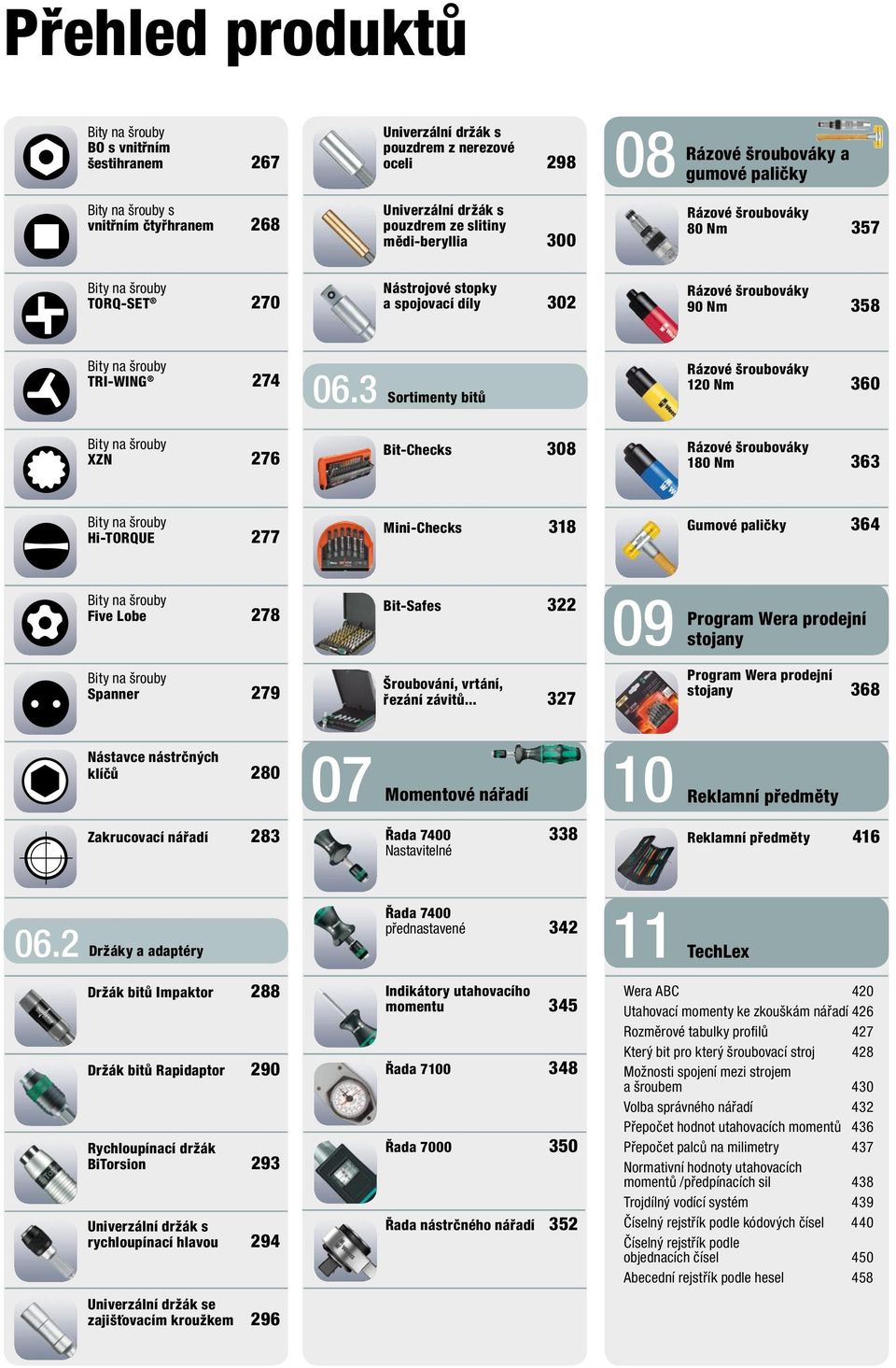 3 Sortimenty bitů Rázové šroubováky 120 Nm 360 XZN 276 Bit-Checks 308 Rázové šroubováky 180 Nm 363 Hi-TORQUE 277 Mini-Checks 318 Gumové paličky 364 Five Lobe 278 Bit-Safes 322 09 Program Wera