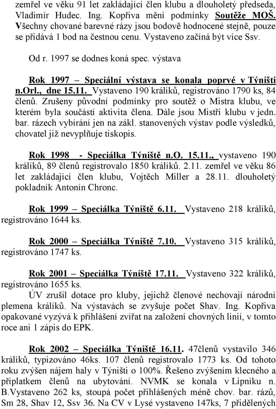 výstava Rok 1997 Speciální výstava se konala poprvé v Týništi n.orl., dne 15.11. Vystaveno 190 králíků, registrováno 1790 ks, 84 členů.