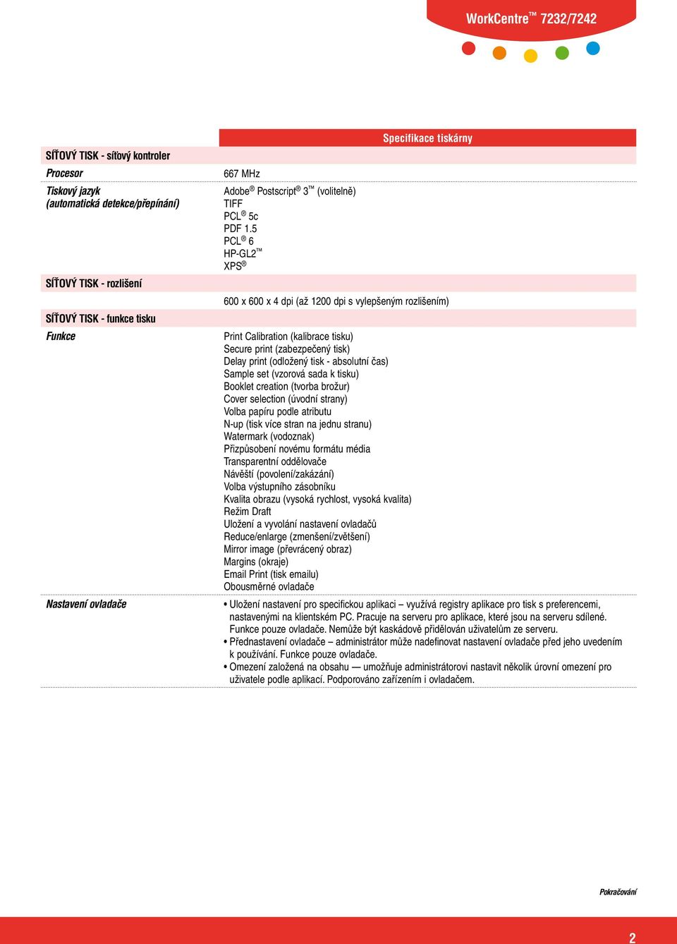 5 PCL 6 HP-GL2 XPS Specifikace tiskárny 600 x 600 x 4 dpi (až 1200 dpi s vylepšeným rozlišením) Print Calibration (kalibrace tisku) Secure print (zabezpečený tisk) Delay print (odložený tisk -