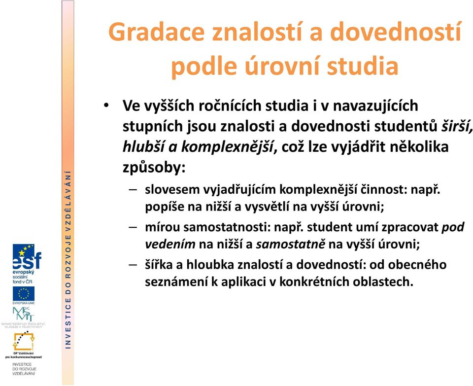 činnost: např. popíše na nižší a vysvětlí na vyšší úrovni; mírou samostatnosti: např.