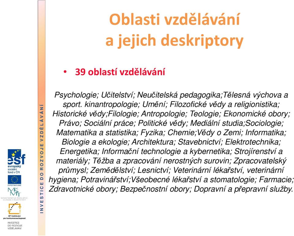 Matematika a statistika; Fyzika; Chemie;Vědy o Zemi; Informatika; Biologie a ekologie; Architektura; Stavebnictví; Elektrotechnika; Energetika; Informační technologie a kybernetika; Strojírenství a