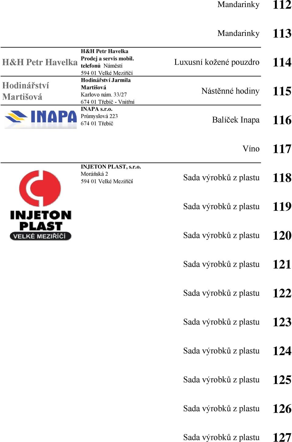 33/27 - Vnitřní Mandarinky 113 Luxusní kožené pouzdro 114 Nástěnné hodiny 115 INAPA s.r.o. Průmyslová 223 Balíček Inapa 116 Víno 117 INJETON PLAST, s.