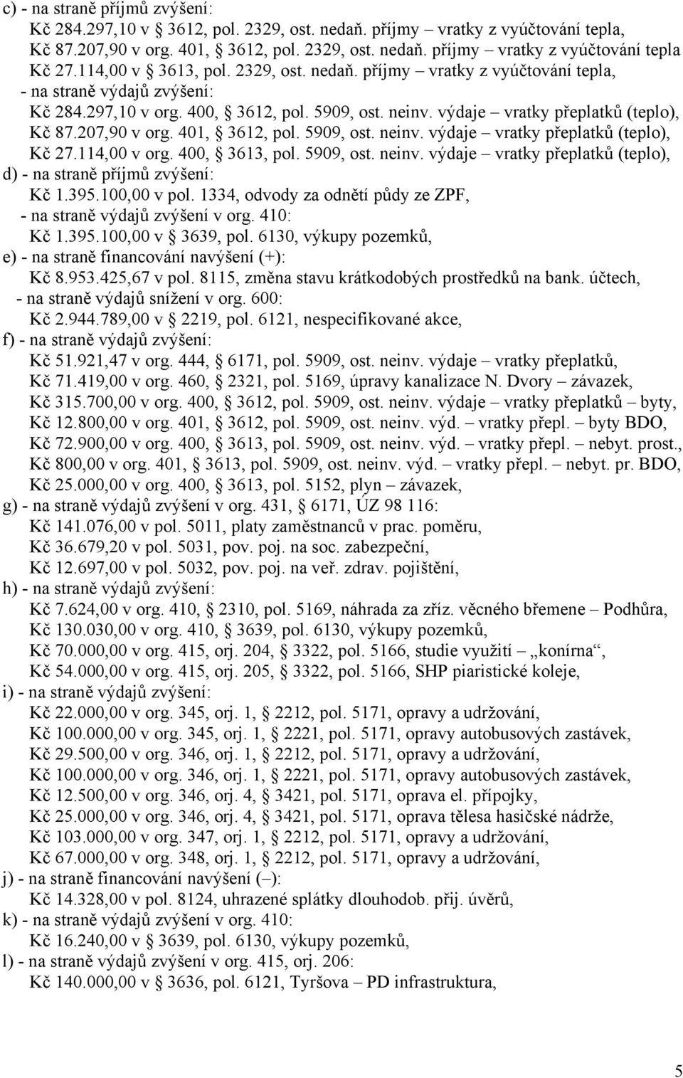 207,90 v org. 401, 3612, pol. 5909, ost. neinv. výdaje vratky přeplatků (teplo), Kč 27.114,00 v org. 400, 3613, pol. 5909, ost. neinv. výdaje vratky přeplatků (teplo), d) - na straně příjmů zvýšení: Kč 1.