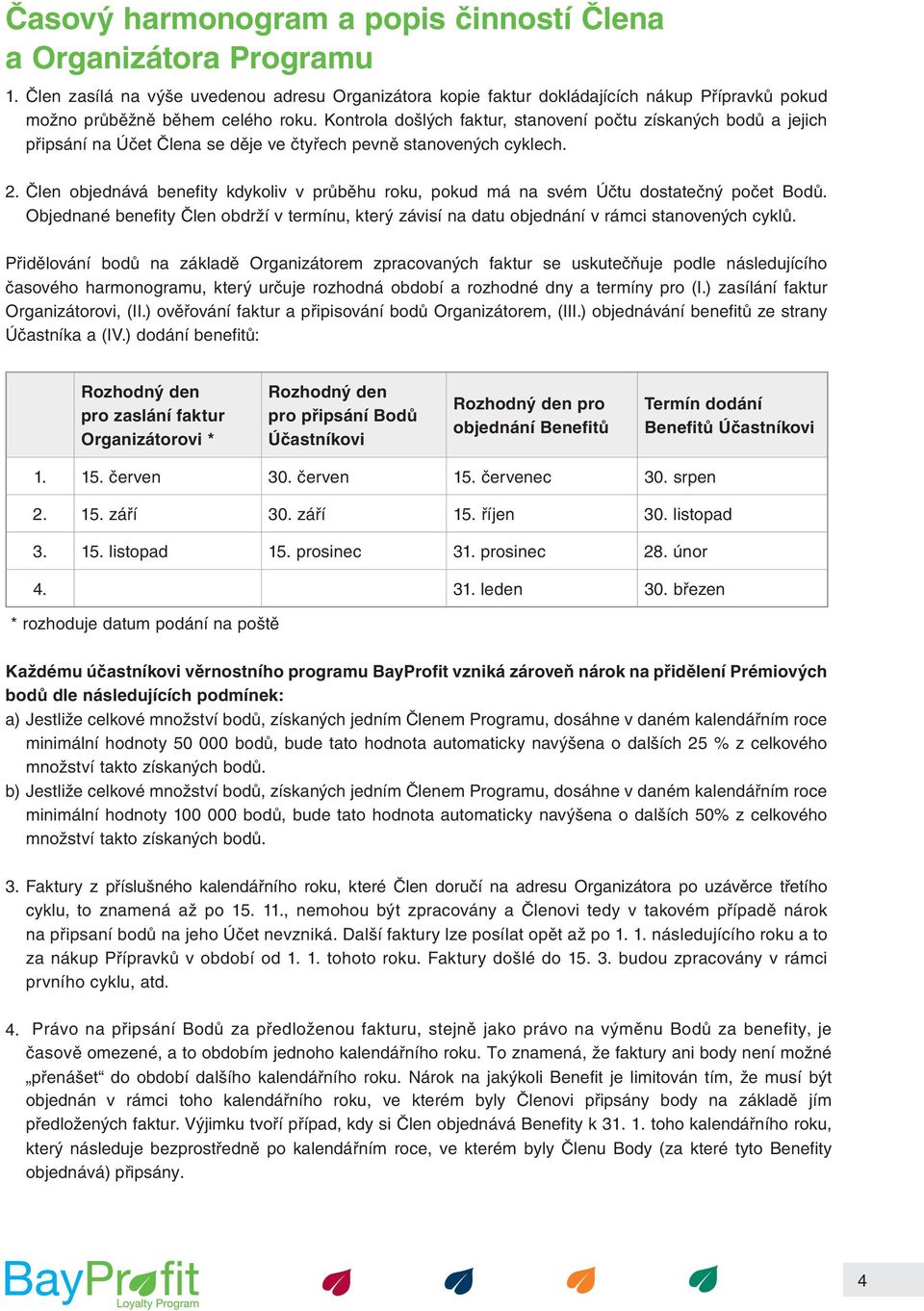 Člen objednává benefity kdykoliv v průběhu roku, pokud má na svém Účtu dostatečný počet Bodů. Objednané benefity Člen obdrží v termínu, který závisí na datu objednání v rámci stanovených cyklů.