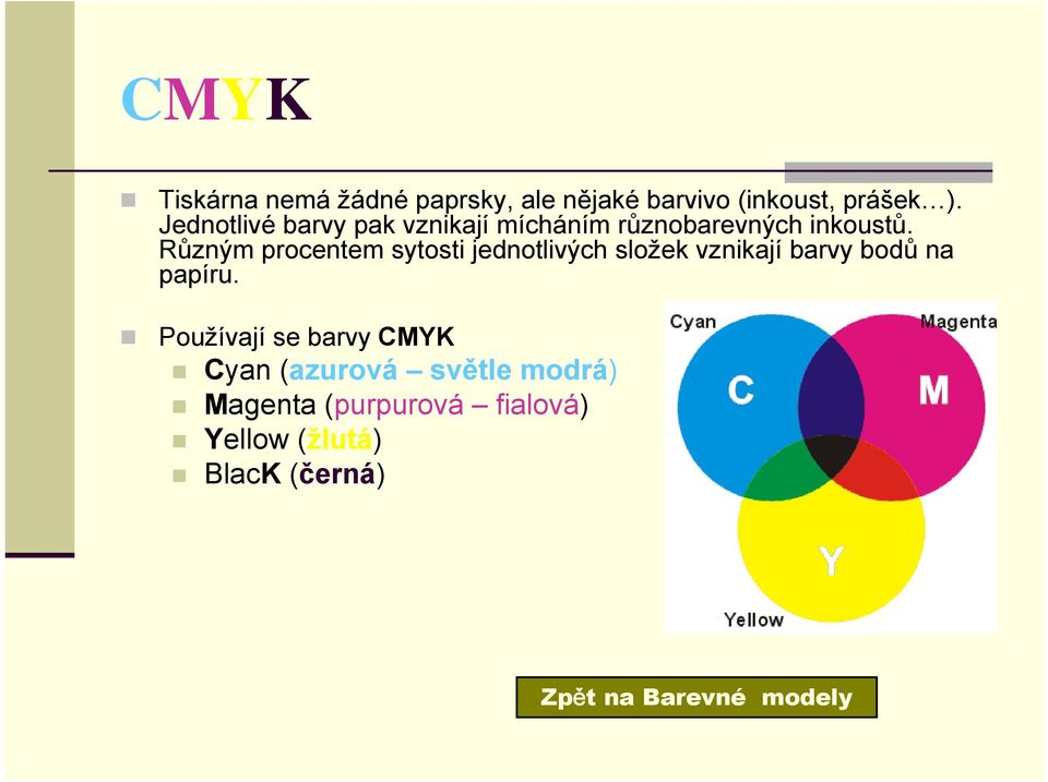 Různým procentem sytosti jednotlivých složek vznikají barvy bodů na papíru.