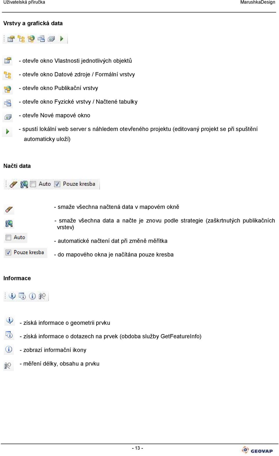 data v mapovém okně - smaže všechna data a načte je znovu podle strategie (zaškrtnutých publikačních vrstev) - automatické načtení dat při změně měřítka - do mapového okna je načítána