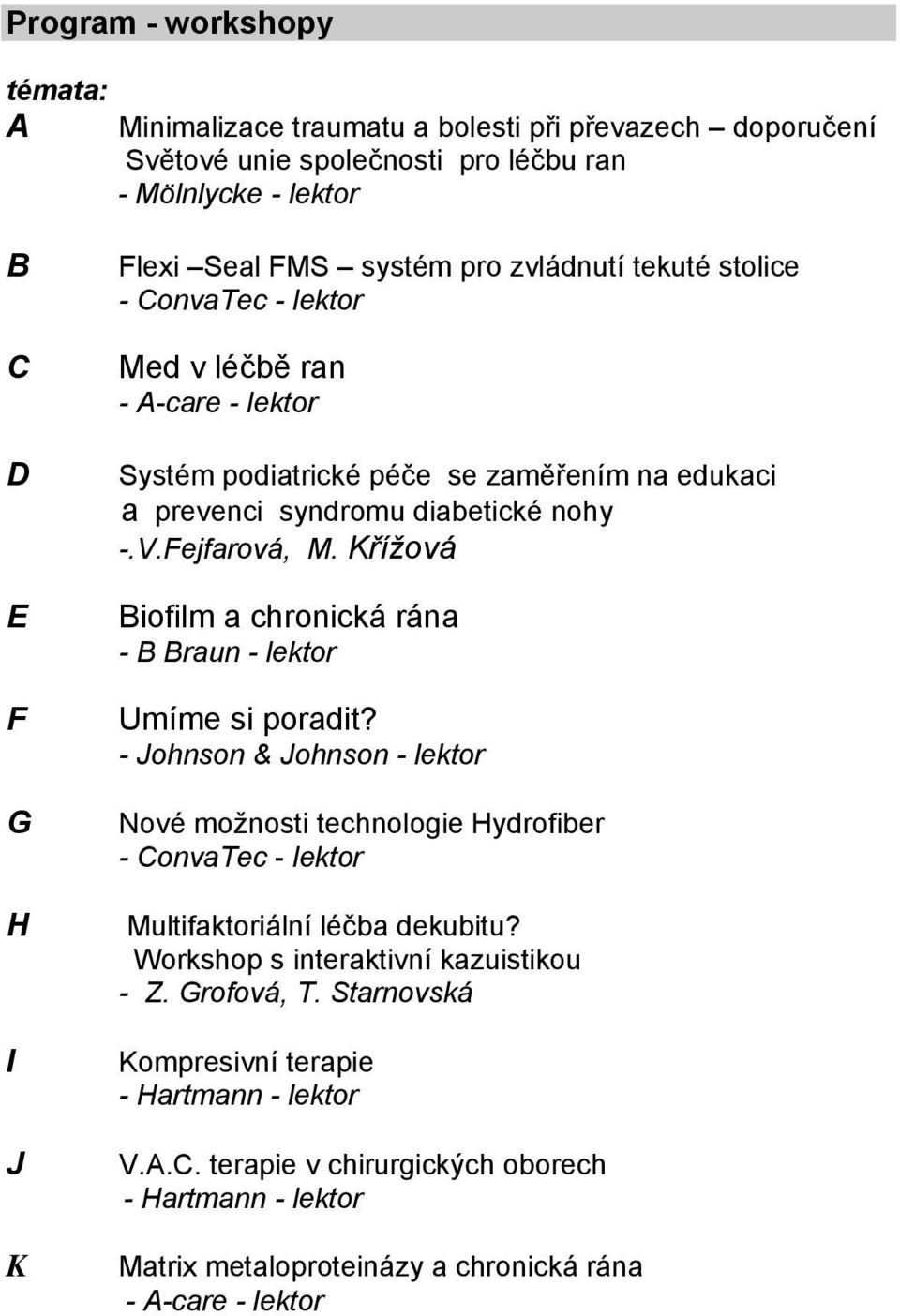 Křížová Biofilm a chronická rána - B Braun - lektor Umíme si poradit? - Johnson & Johnson - lektor Nové možnosti technologie Hydrofiber - ConvaTec - lektor Multifaktoriální léčba dekubitu?