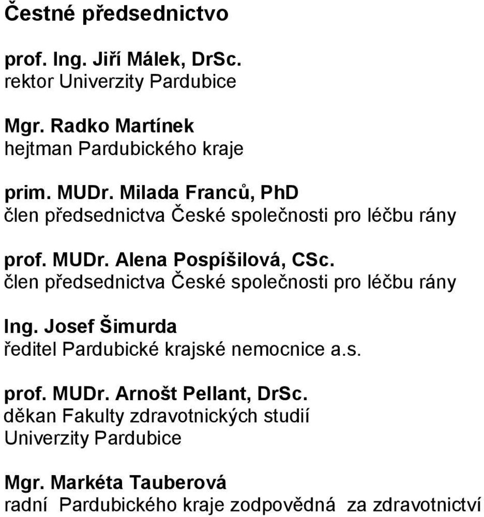 člen předsednictva České společnosti pro léčbu rány Ing. Josef Šimurda ředitel Pardubické krajské nemocnice a.s. prof. MUDr.