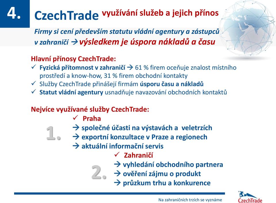 firmám úsporu času a nákladů Statut vládní agentury usnadňuje navazování obchodních kontaktů Nejvíce využívané služby CzechTrade: Praha společné účasti na výstavách a