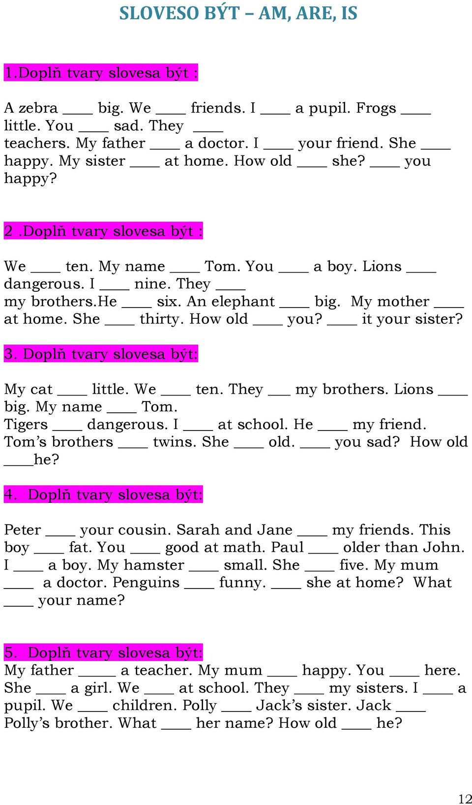 it your sister? 3. Doplň tvary slovesa být: My cat little. We ten. They my brothers. Lions big. My name Tom. Tigers dangerous. I at school. He my friend. Tom s brothers twins. She old. you sad?