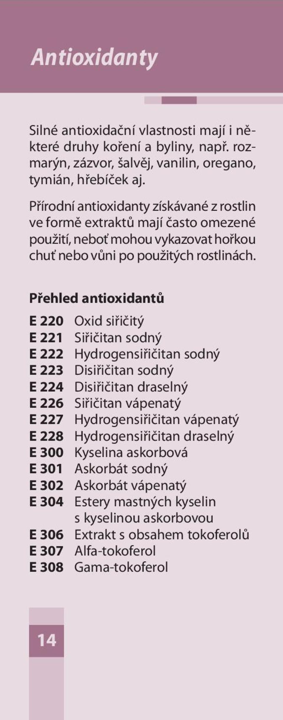 Přehled antioxidantů E 220 Oxid siřičitý E 221 Siřičitan sodný E 222 Hydrogensiřičitan sodný E 223 Disiřičitan sodný E 224 Disiřičitan draselný E 226 Siřičitan vápenatý E 227