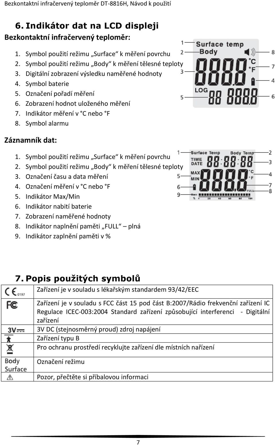 Symbol použití režimu Surface k měření povrchu 2. Symbol použití režimu Body k měření tělesné teploty 3. Označení času a data měření 4. Označení měření v C nebo F 5. Indikátor Max/Min 6.