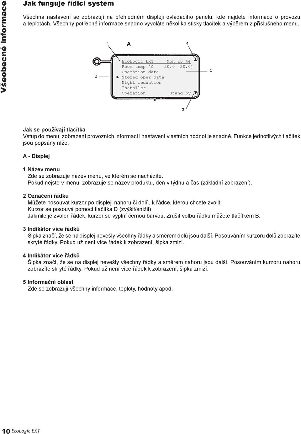 0) Operation data Stored oper data Night reduction Installer Operation Stand by 5 3 Jak se používají tlačítka Vstup do menu, zobrazení provozních informací i nastavení vlastních hodnot je snadné.