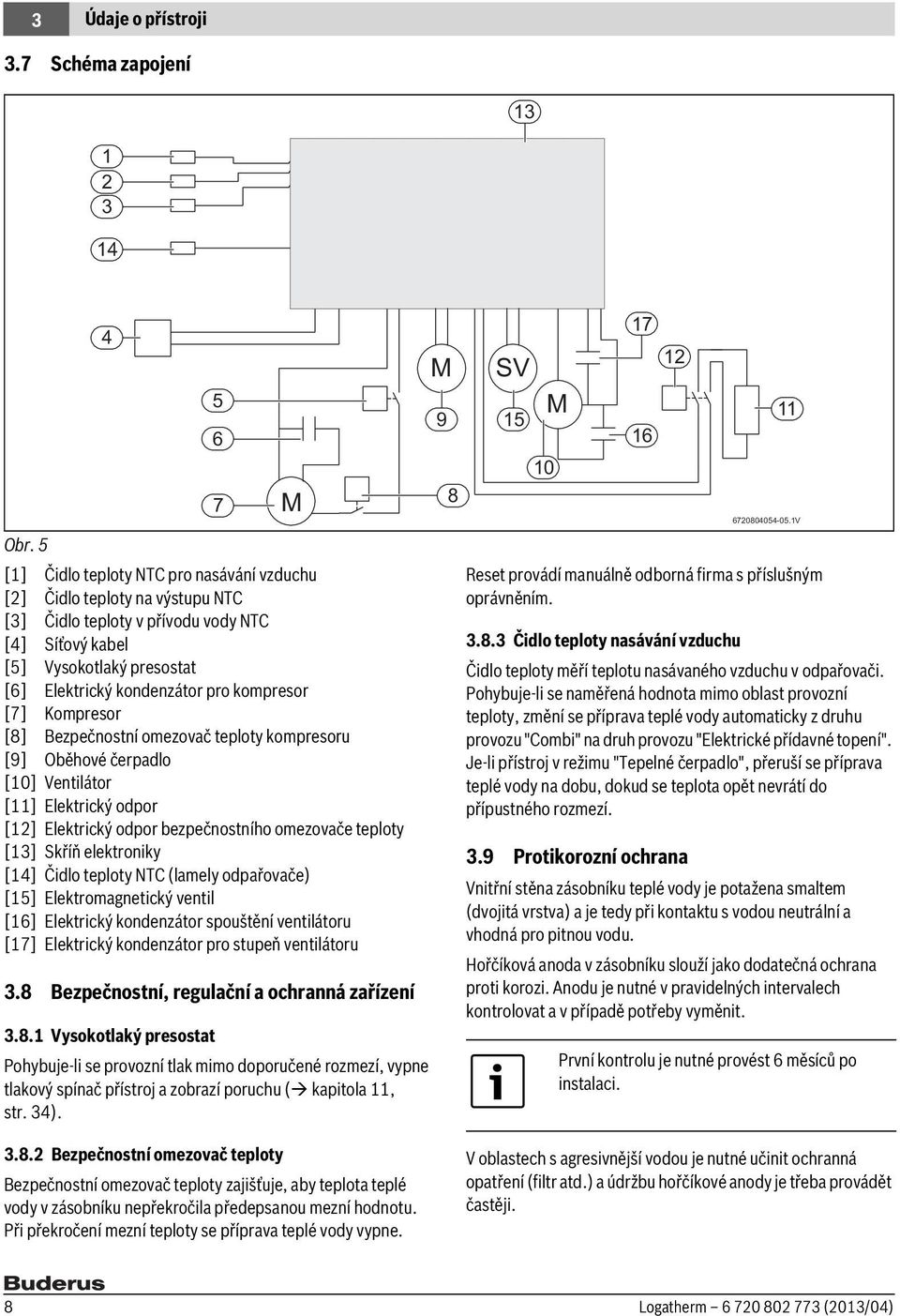 [7] Kompresor [8] Bezpečnostní omezovač teploty kompresoru [9] Oběhové čerpadlo [10] Ventilátor [11] Elektrický odpor [12] Elektrický odpor bezpečnostního omezovače teploty [13] Skříň elektroniky