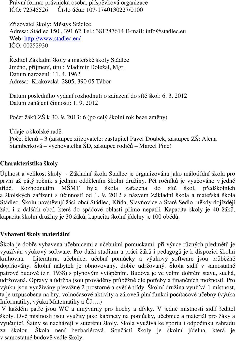 1962 Adresa: Krakovská 2805, 390 05 Tábor Datum posledního vydání rozhodnutí o zařazení do sítě škol: 6. 3. 2012 Datum zahájení činnosti: 1. 9.