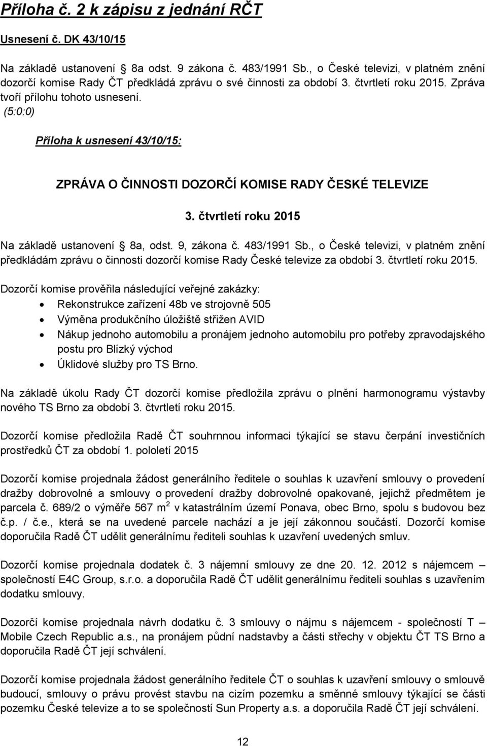 (5:0:0) Příloha k usnesení 43/10/15: ZPRÁVA O ČINNOSTI DOZORČÍ KOMISE RADY ČESKÉ TELEVIZE 3. čtvrtletí roku 2015 Na základě ustanovení 8a, odst. 9, zákona č. 483/1991 Sb.