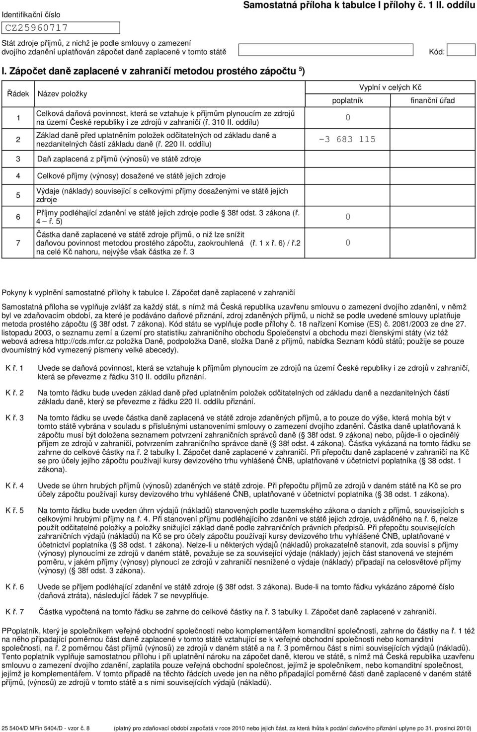 Zápočet daně zaplacené v zahraničí metodou prostého zápočtu ) 1 Název položky Celková daňová povinnost, která se vztahuje k příjmům plynoucím ze zdrojů na území České republiky i ze zdrojů v