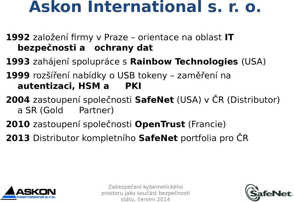 Rainbow Technologies (USA) 1999 rozšíření nabídky o USB tokeny zaměření na autentizaci, HSM a PKI 2004