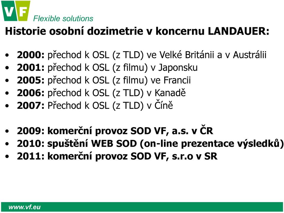 přechod k OSL (z TLD) v Kanadě 2007: Přechod k OSL (z TLD) v Číně 2009: komerční provoz SOD VF, a.