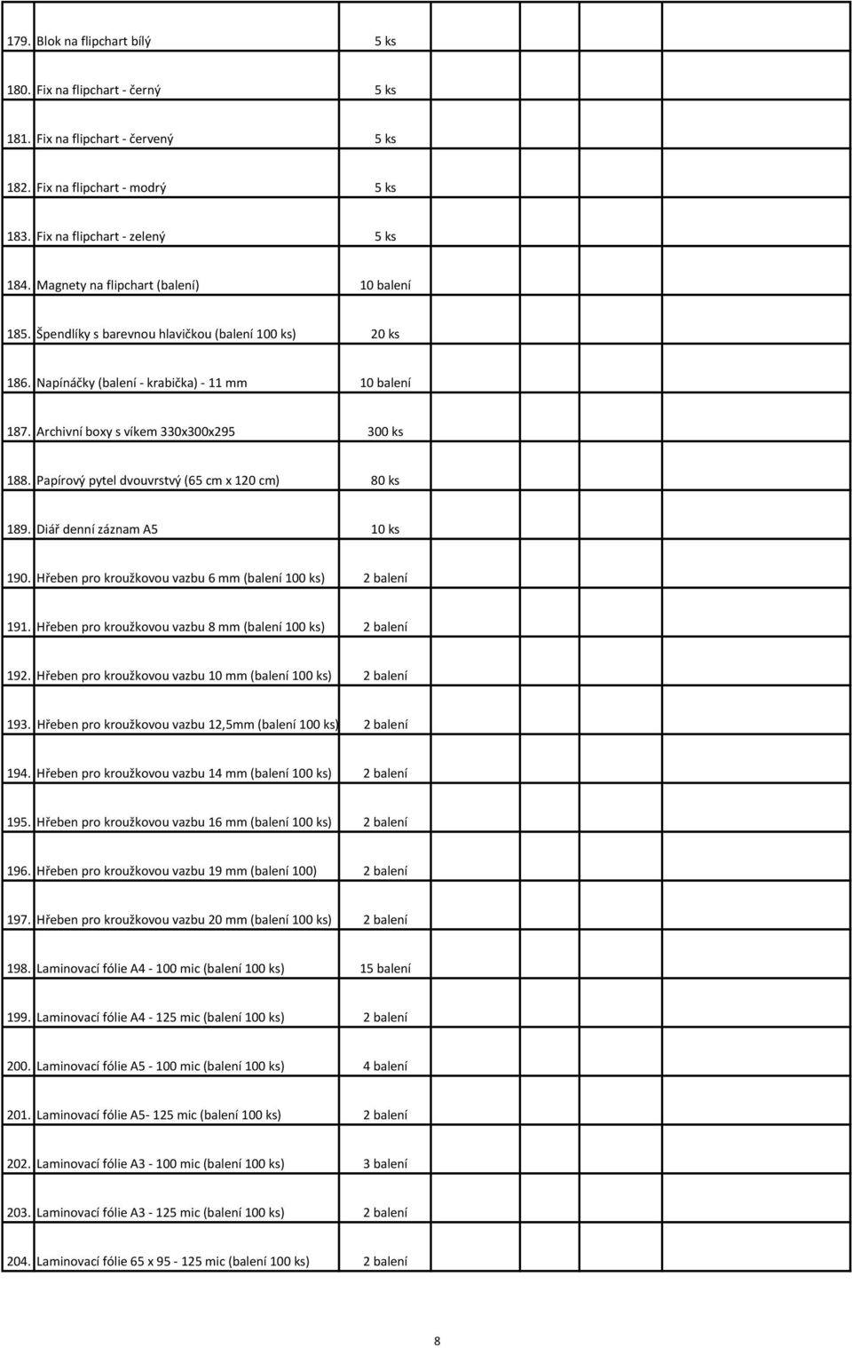 Archivní boxy s víkem 330x300x295 300 ks 188. Papírový pytel dvouvrstvý (65 cm x 120 cm) 80 ks 189. Diář denní záznam A5 10 ks 190. Hřeben pro kroužkovou vazbu 6 mm (balení 100 ks) 2 balení 191.