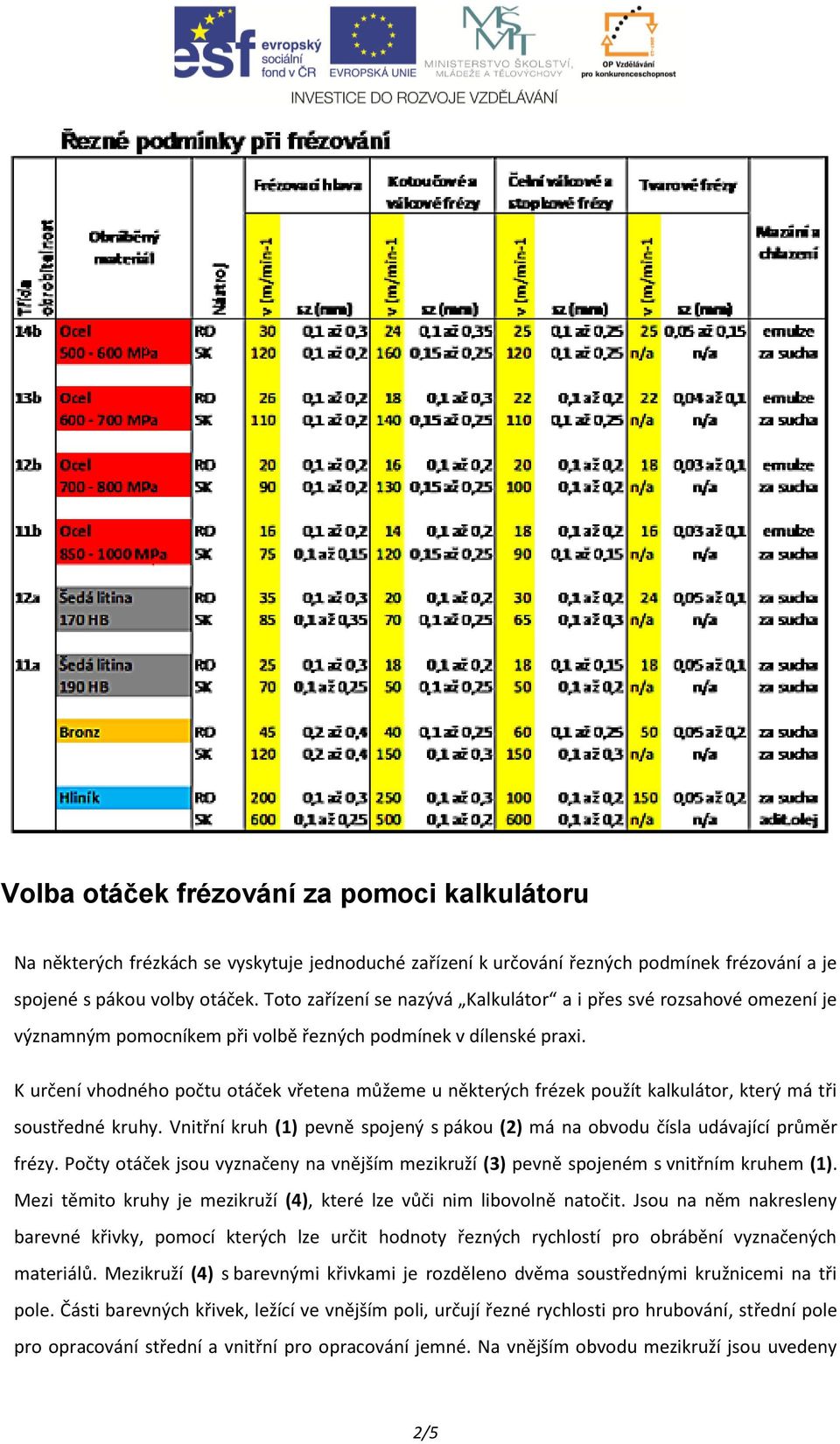 K určení vhodného počtu otáček vřetena můžeme u některých frézek použít kalkulátor, který má tři soustředné kruhy. Vnitřní kruh (1) pevně spojený s pákou (2) má na obvodu čísla udávající průměr frézy.