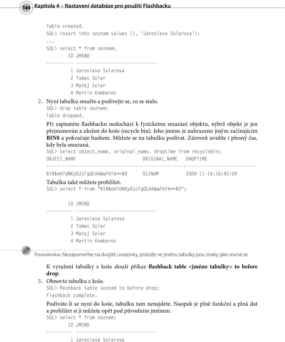 Při zapnutém flashbacku nedochází k fyzickému smazání objektu, nýbrž objekt je jen přejmenován a uložen do koše (recycle bin). Jeho jméno je nahrazeno jiným začínajícím BIN$ a pokračuje hashem.