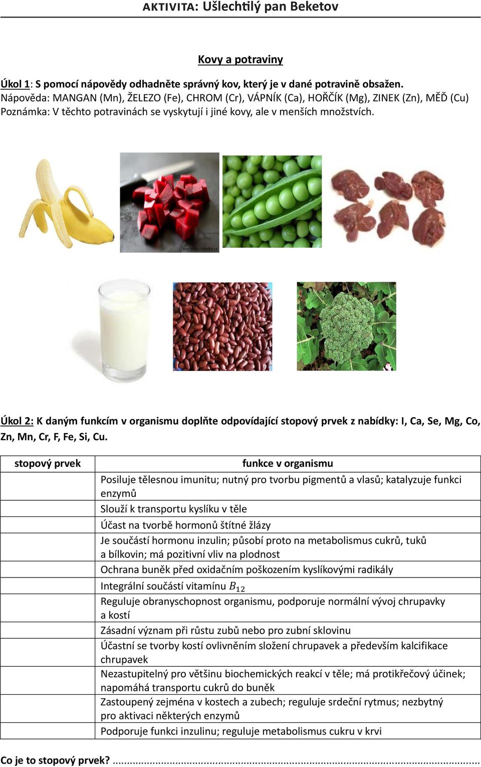 Úkol 2: K daným funkcím v organismu doplňte odpovídající stopový prvek z nabídky: I, Ca, Se, Mg, Co, Zn, Mn, Cr, F, Fe, Si, Cu.
