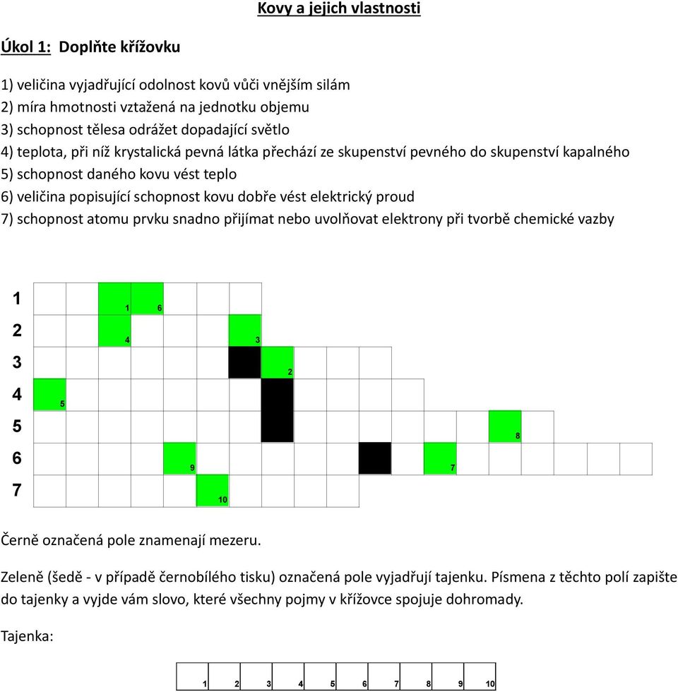 elektrický proud 7) schopnost atomu prvku snadno přijímat nebo uvolňovat elektrony při tvorbě chemické vazby 1 1 6 2 4 3 3 2 4 5 5 8 6 9 7 7 10 Černě označená pole znamenají mezeru.