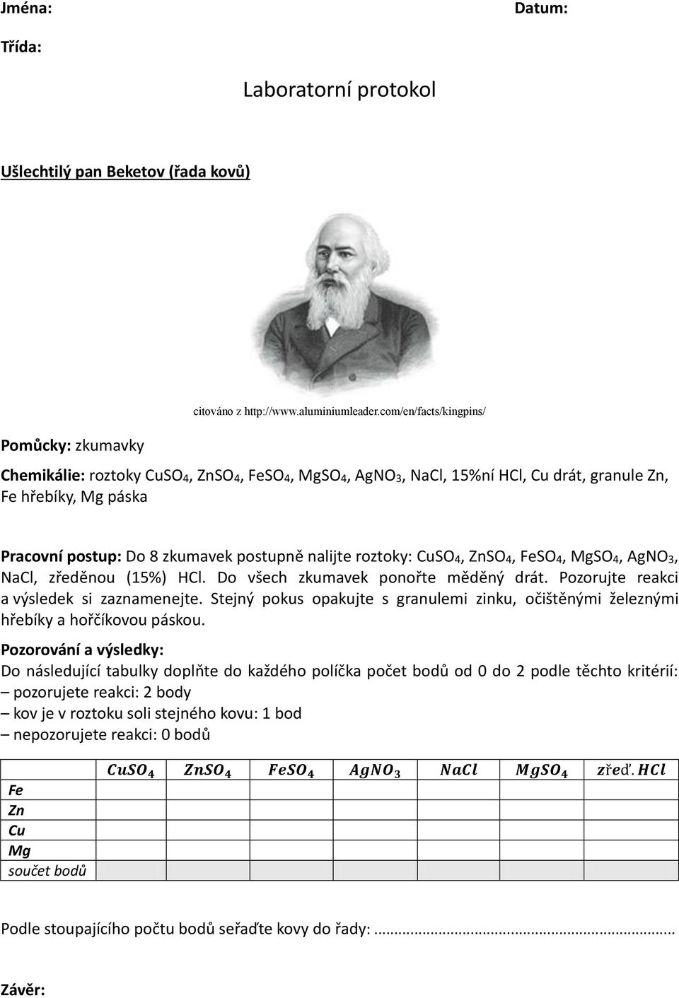 nalijte roztoky: CuSO 4, ZnSO 4, FeSO 4, MgSO 4, AgNO 3, NaCl, zředěnou (15%) HCl. Do všech zkumavek ponořte měděný drát. Pozorujte reakci a výsledek si zaznamenejte.