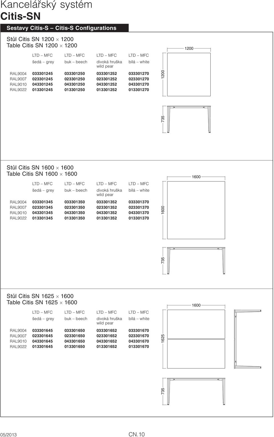 023301345 023301350 023301352 023301370 RAL9010 043301345 043301350 043301352 043301370 RAL9022 013301345 013301350 013301352 013301370 Stůl Citis SN 1625 Table Citis SN 1625 RAL9004