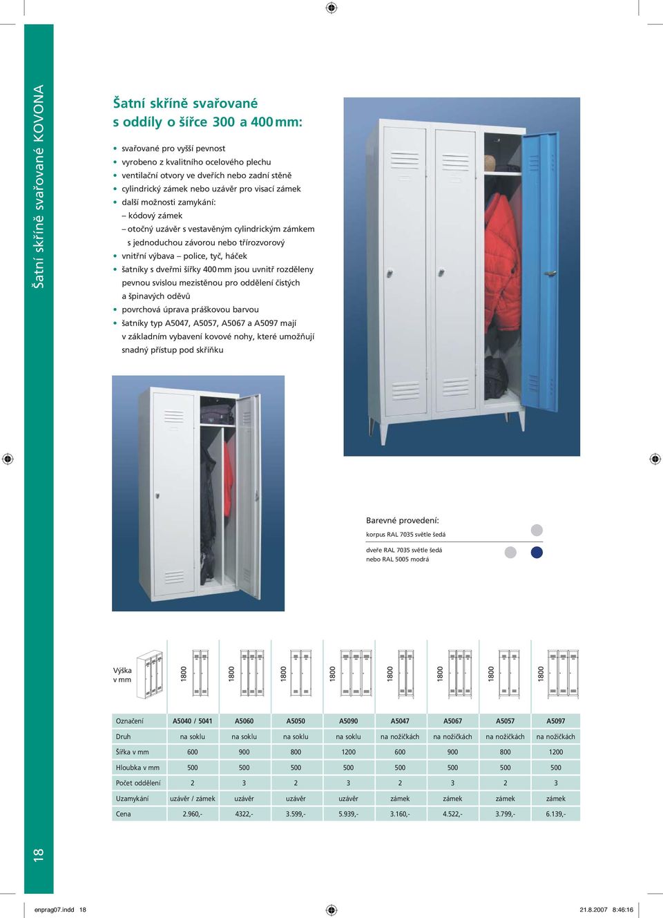 háček šatníky s dveřmi šířky 400 mm jsou uvnitř rozděleny pevnou svislou mezistěnou pro oddělení čistých a špinavých oděvů povrchová úprava práškovou barvou šatníky typ A5047, A5057, A5067 a A5097