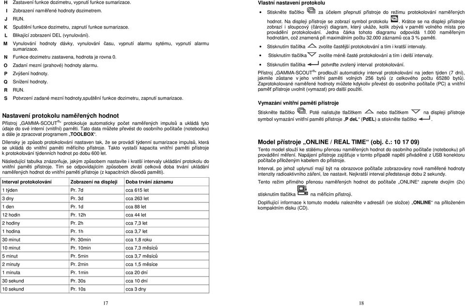 O P Q R S Zadaní mezní (prahové) hodnoty alarmu. Zvýšení hodnoty. Snížení hodnoty. RUN. Potvrzení zadané mezní hodnoty,spuštění funkce dozimetru, zapnutí sumarizace.