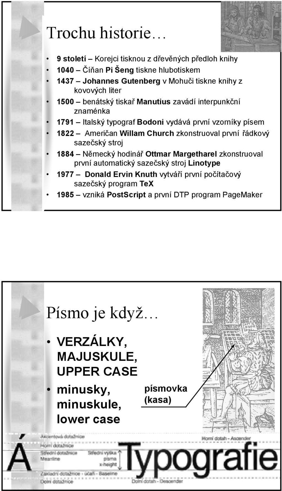 první řádkový sazečský stroj 1884 Německý hodinář Ottmar Margetharel zkonstruoval první automatický sazečský stroj Linotype 1977 Donald Ervin Knuth vytváří první