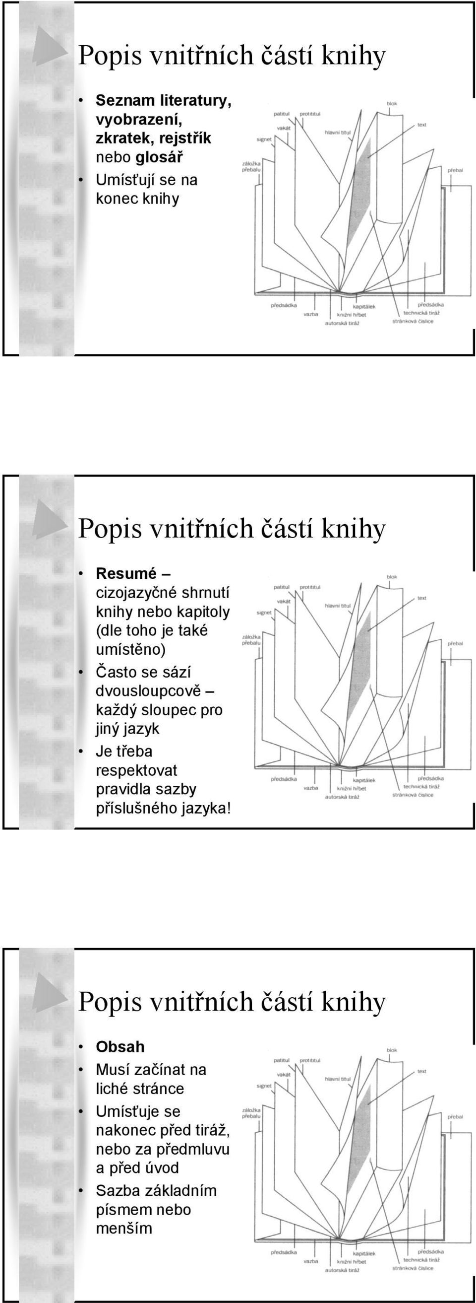 dvousloupcově každý sloupec pro jiný jazyk Je třeba respektovat pravidla sazby příslušného jazyka!