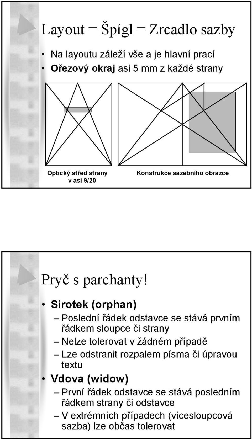 Sirotek (orphan) Poslední řádek odstavce se stává prvním řádkem sloupce či strany Nelze tolerovat v žádném případě Lze