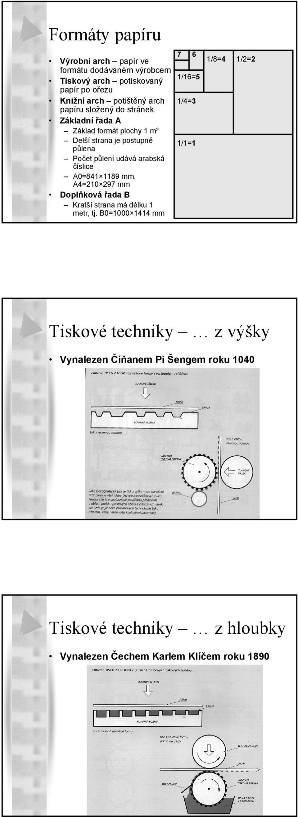 Počet půlení udává arabská číslice A0=841 1189 mm, A4=210 297 mm Doplňková řada B Kratší strana má délku 1 metr, tj.