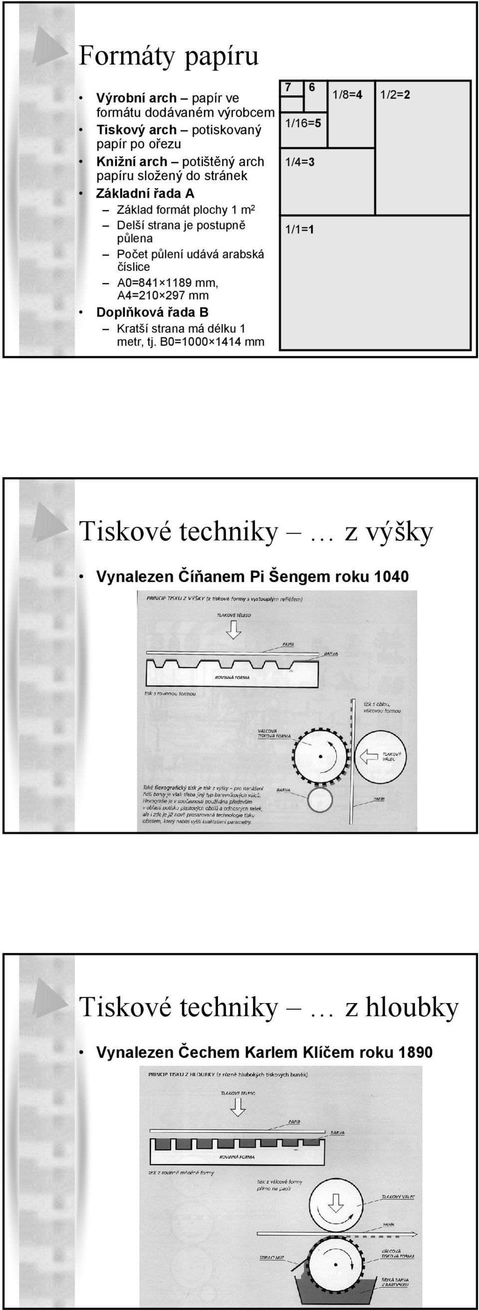 Počet půlení udává arabská číslice A0=841 1189 mm, A4=210 297 mm Doplňková řada B Kratší strana má délku 1 metr, tj.