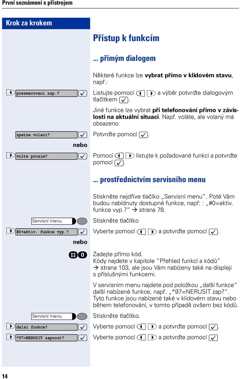 : Potvrďte pomocí :. > volte prosim? : Pomocí < > listujte k požadované funkci a potvrďte pomocí :.... prostřednictvím servisního menu Stiskněte nejdříve tlačíko Servisní menu.