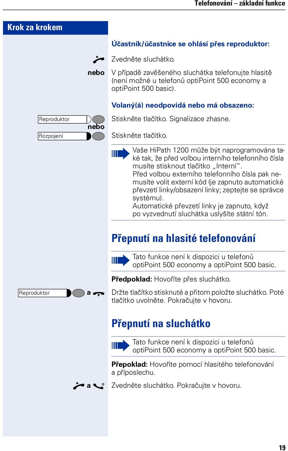 Signalizace zhasne. Stiskněte tlačítko. Vaše HiPath 1200 může být naprogramována také tak, že před volbou interního telefonního čísla musíte stisknout tlačítko Interní.