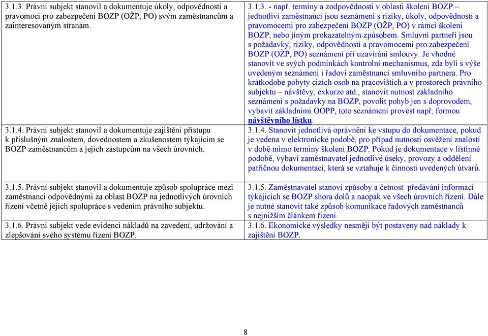 Právní subjekt stanovil a dokumentuje způsob spolupráce mezi zaměstnanci odpovědnými za oblast BOZP na jednotlivých úrovních řízení včetně jejich spolupráce s vedením právního subjektu. 3.1.6.