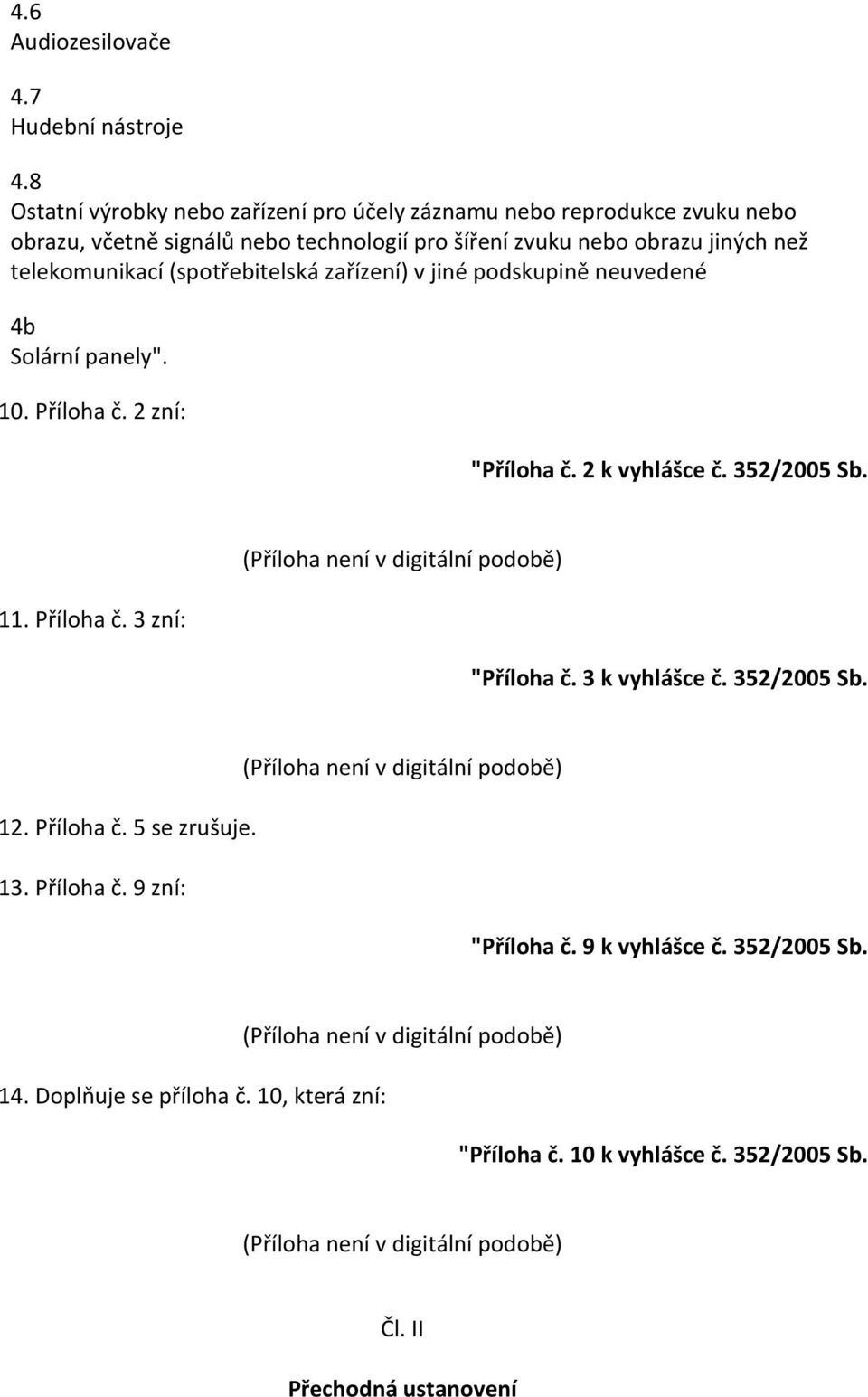 zařízení) v jiné podskupině neuvedené 4b Solární panely". 10. Příloha č. 2 zní: "Příloha č. 2 k vyhlášce č. 352/2005 Sb. 11. Příloha č. 3 zní: (Příloha není v digitální podobě) "Příloha č.